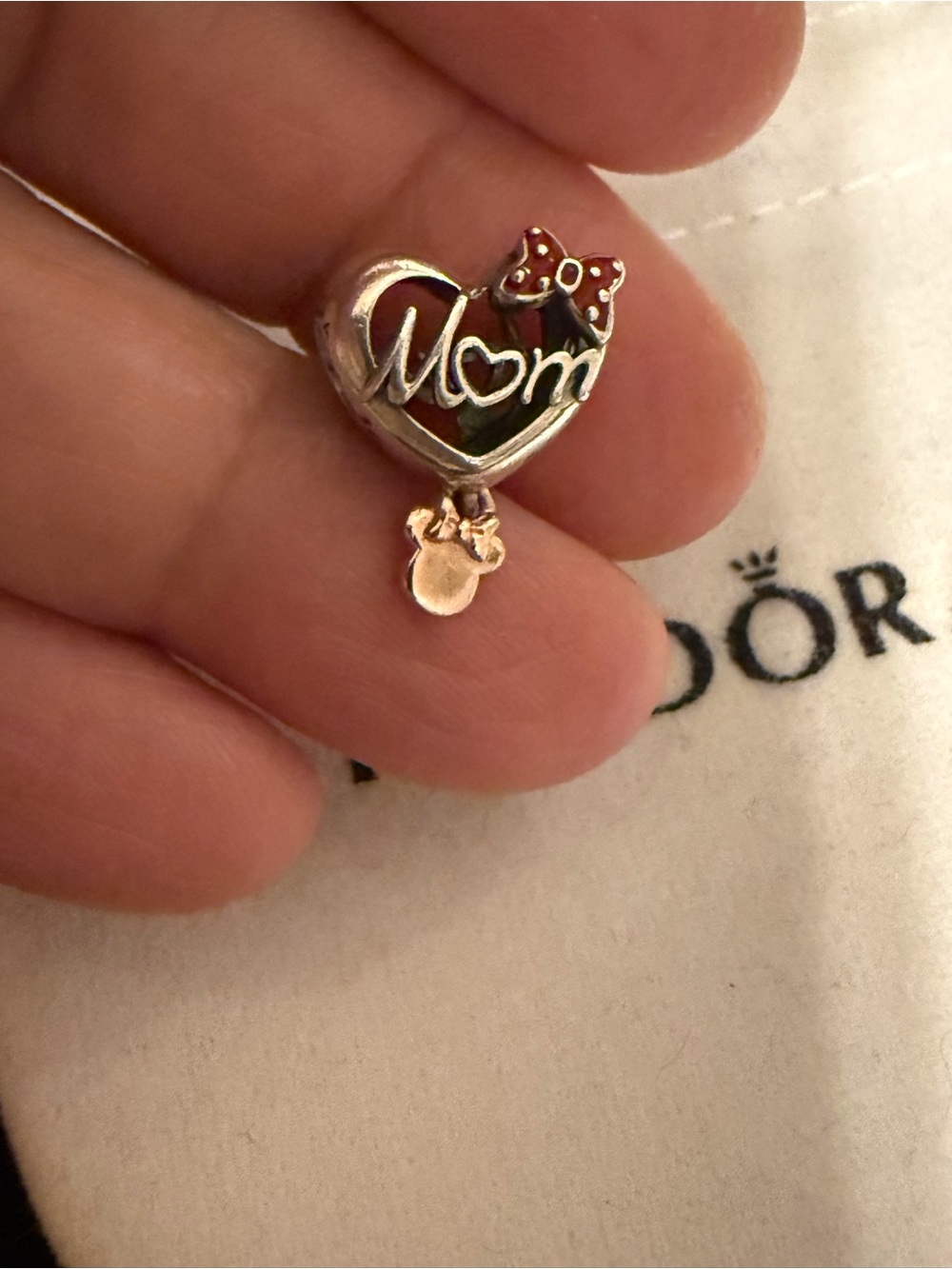 Pandora Silver 'Mom' Heart Charm with Red Enamel Bow